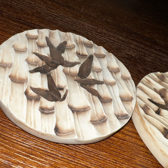 Tan Cream Wooden Carved Coasters Set Of 2 - Picture 5 of 8